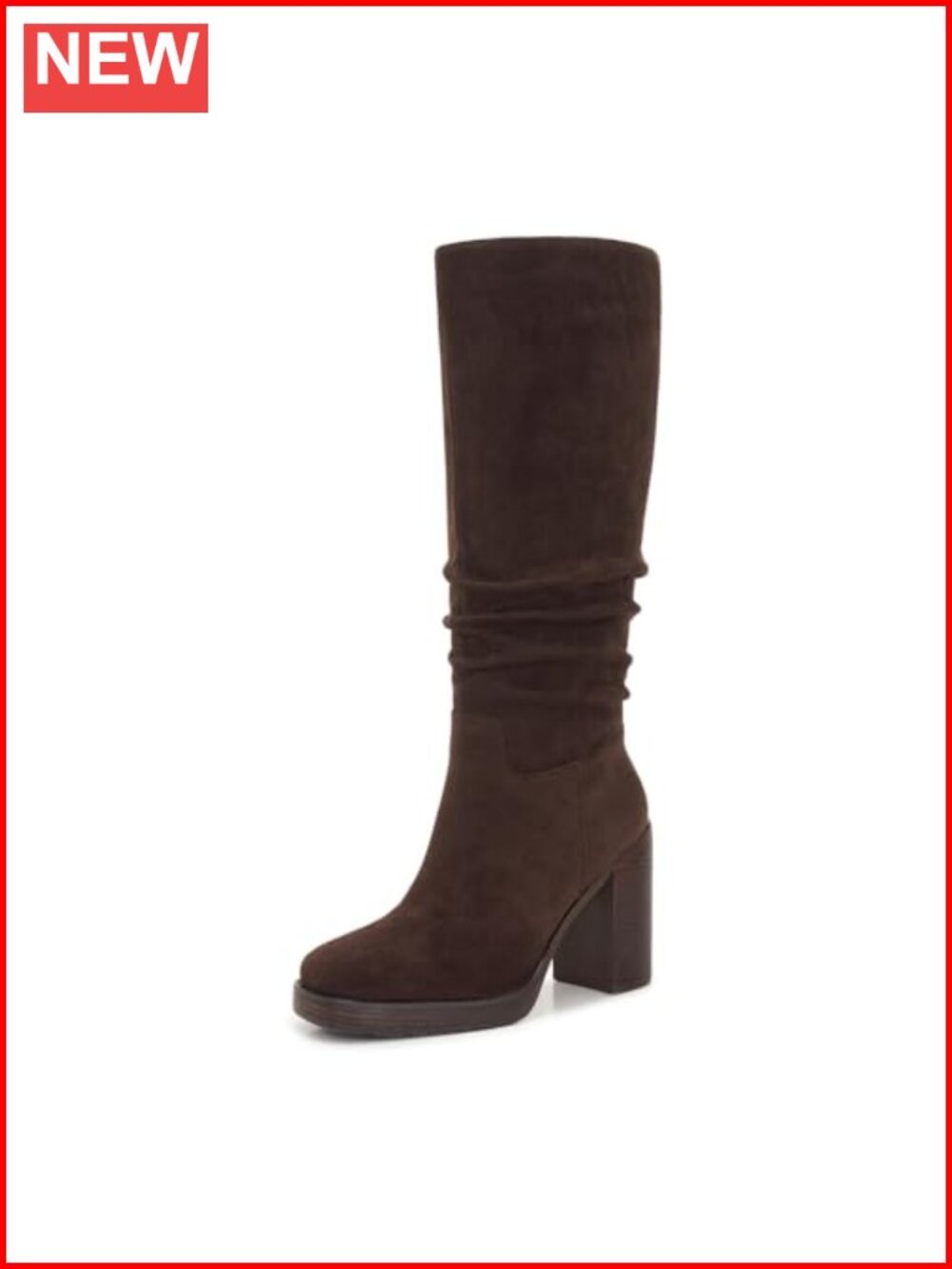 Platform Knee High Boots Square Toe 3.5" Chunky Heel Side Zip Tall Faux Suede